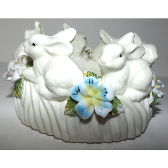 Pillar Candle Holder Porcelain bunnies flowers Easter Rabbit Spring - Picture 1 of 8